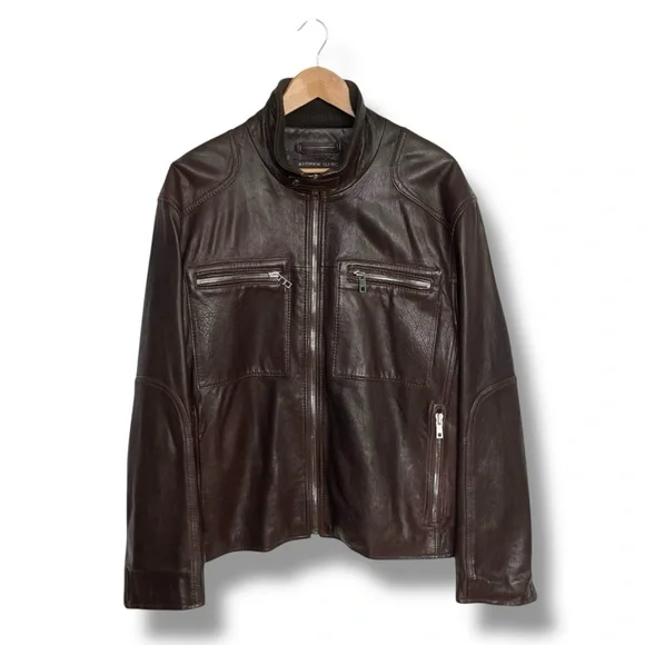 Andrew Marc Chocolate Brown Leather Moto Jacket Men’s Large Quilted Lining - Picture 1 of 13